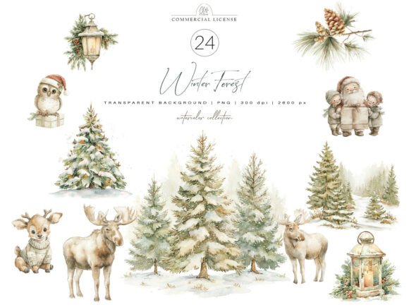 Download 24 PNG Winter Forest Watercolor Set - Winter Collection