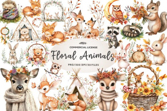 Download Boho Woodland Baby Floral Animals Png - Floral animals Collection