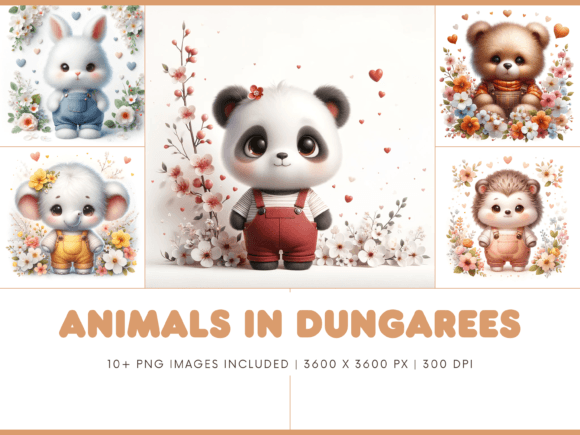 Download Cute Floral Animals in Dungarees PNG - Floral animals Collection